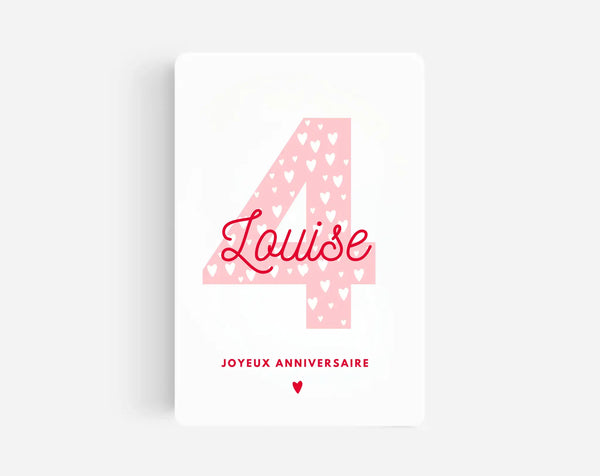 Carte anniversaire 4 ans fille rose - Carte personnalisée avec prénom à imprimer
