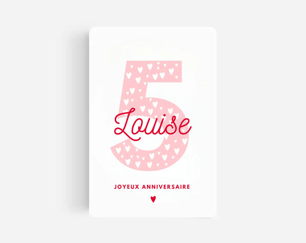 Carte anniversaire 5 ans fille rose - Carte personnalisée avec prénom à imprimer