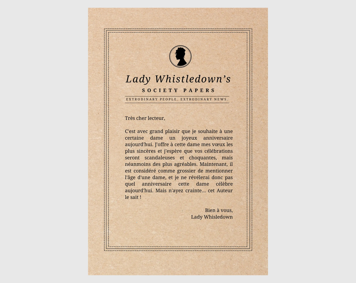 Carte anniversaire femme Lady Whistledown inspiré de la série Bridgerton FLTMfrance