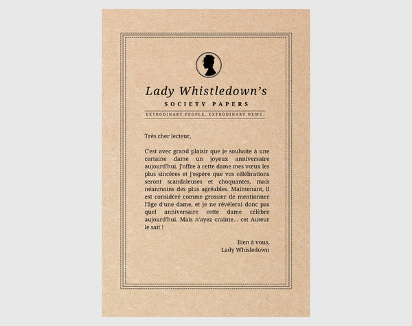 Carte anniversaire femme Lady Whistledown inspiré de la série Bridgerton