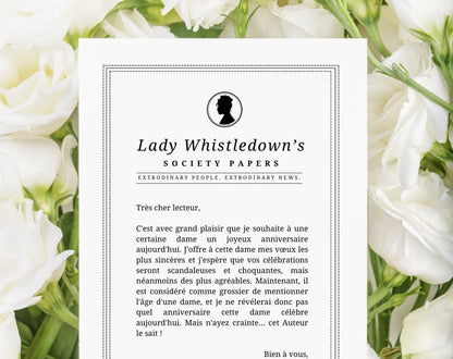 Carte anniversaire femme - Lady Whistledown inspiré de la série Bridgerton FLTMfrance