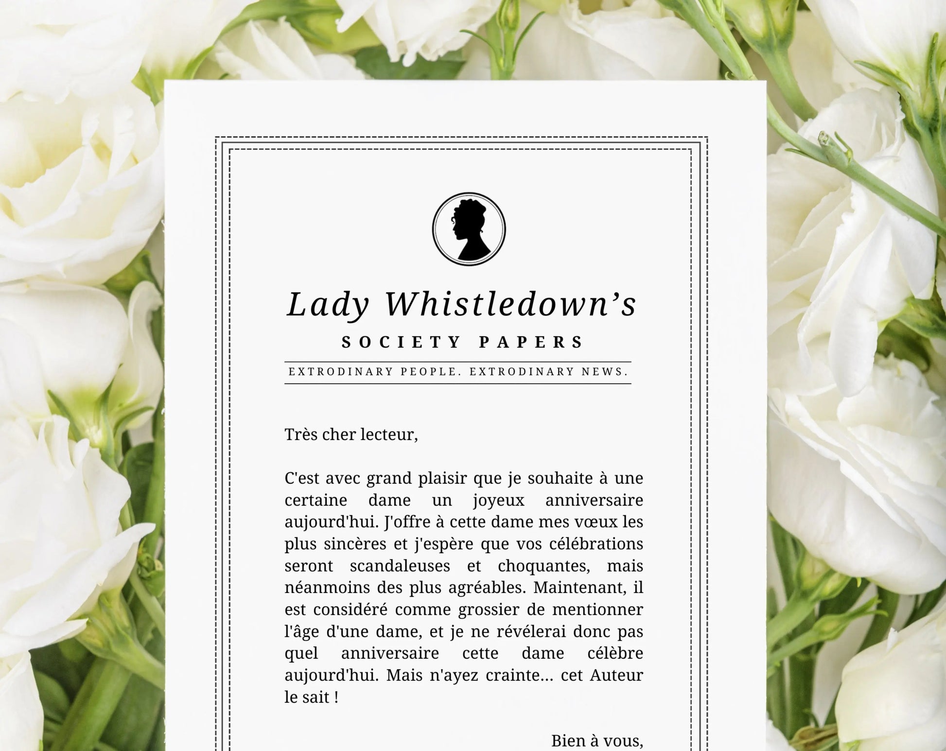 Carte anniversaire femme Lady Whistledown inspiré de la série Bridgerton FLTMfrance