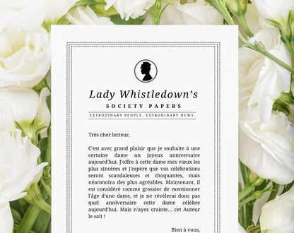 Carte anniversaire femme Lady Whistledown inspiré de la série Bridgerton FLTMfrance