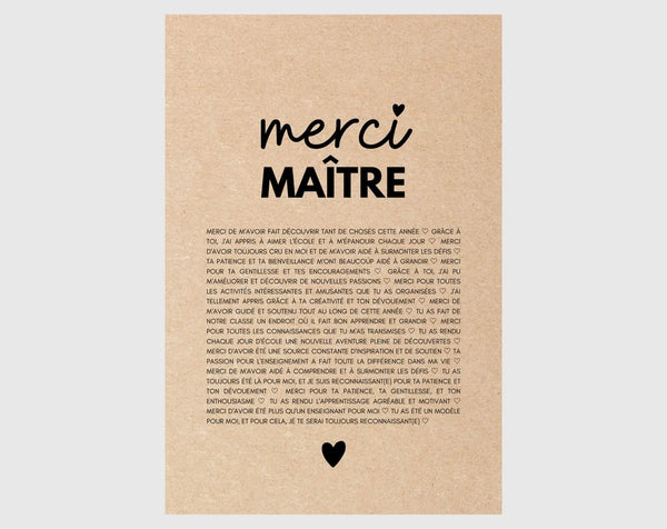 Carte merci Maître - Idée cadeau maître fin d'année scolaire