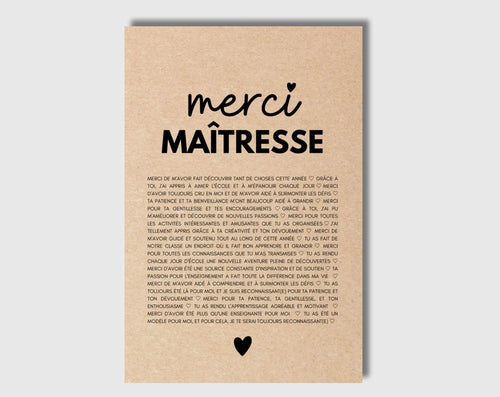 Carte merci Maîtresse - Idée cadeau maîtresse fin d'année scolaire