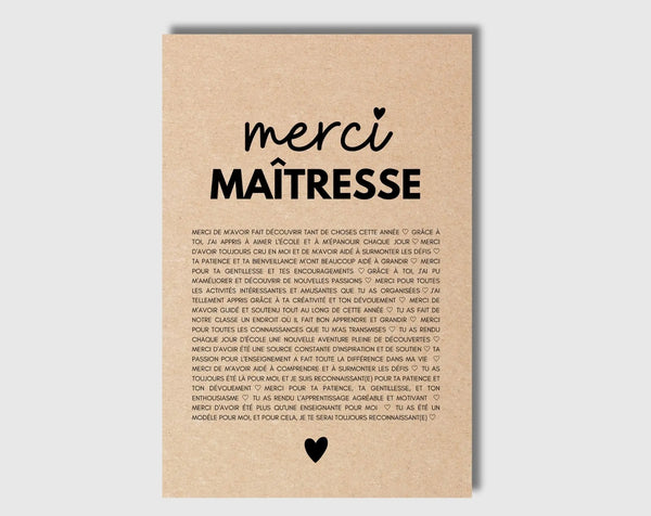 Carte merci Maîtresse - Idée cadeau maîtresse fin d'année scolaire