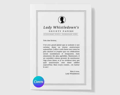 Carte modifiable Canva Lady Whistledown inspiré de la série Bridgerton FLTMfrance