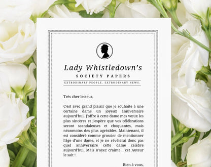 Carte modifiable Canva Lady Whistledown inspiré de la série Bridgerton FLTMfrance