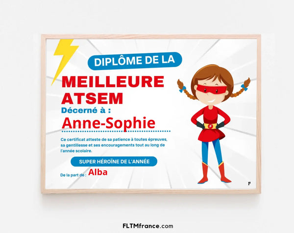 Diplôme de la meilleure ATSEM personnalisé - Cadeau école