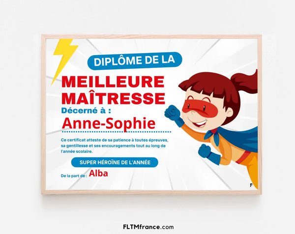 Diplôme de la meilleure maîtresse personnalisé - Cadeau école