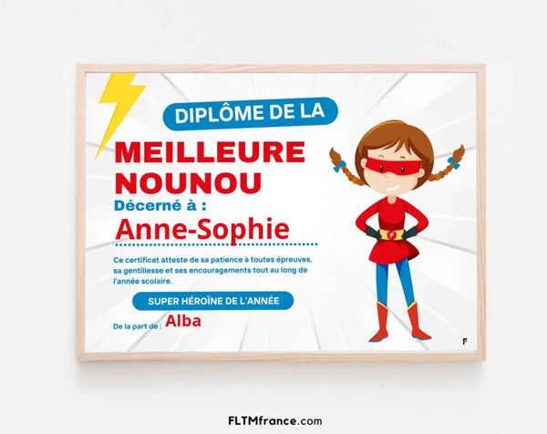 Diplôme de la meilleure nounou personnalisé - Cadeau assistante maternelle