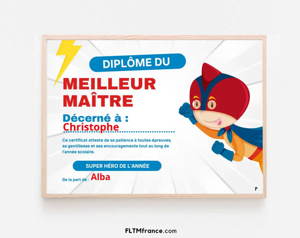 Diplôme du meilleur maître personnalisé - Cadeau école