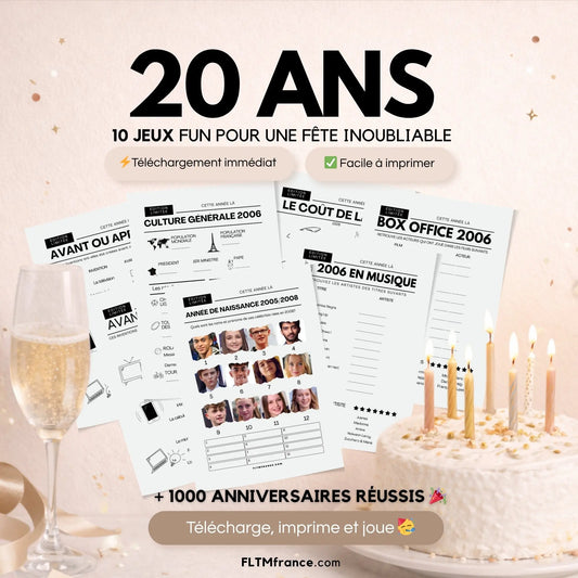 Jeu anniversaire 20 ans à imprimer : 10 jeux fun pour une soirée inoubliable FLTM