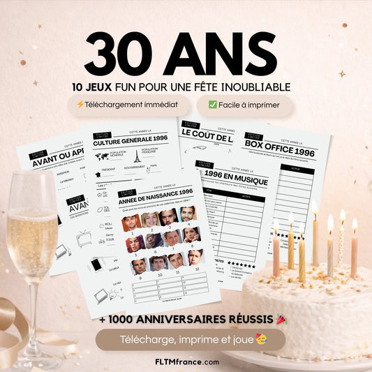 Jeu anniversaire 30 ans à imprimer : 10 jeux fun pour une soirée inoubliable FLTM