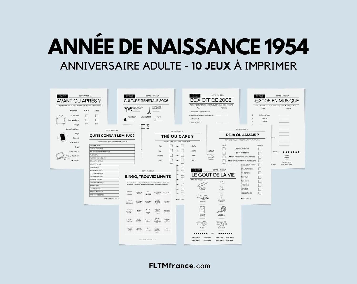 Jeu anniversaire Année 1954 - 10 jeux à imprimer pour fêter les 70 ans FLTMfrance