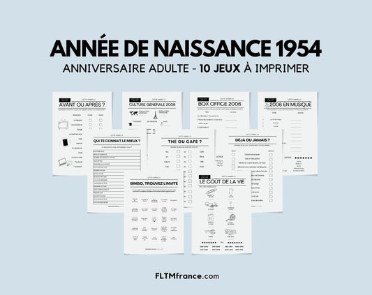 Jeu anniversaire Année 1954 - 10 jeux à imprimer pour fêter les 70 ans FLTMfrance