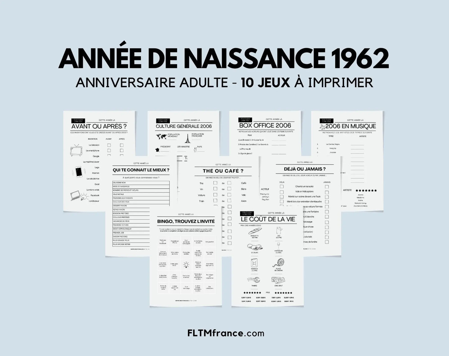 Jeu anniversaire Année 1962 - 10 jeux à imprimer pour fêter les 62 ans FLTMfrance