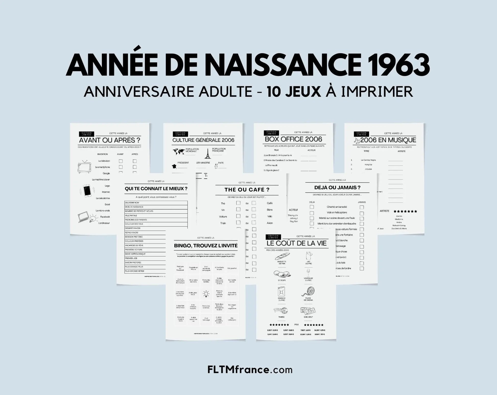 Jeu anniversaire Année 1963 - 10 jeux à imprimer pour fêter les 61 ans FLTMfrance