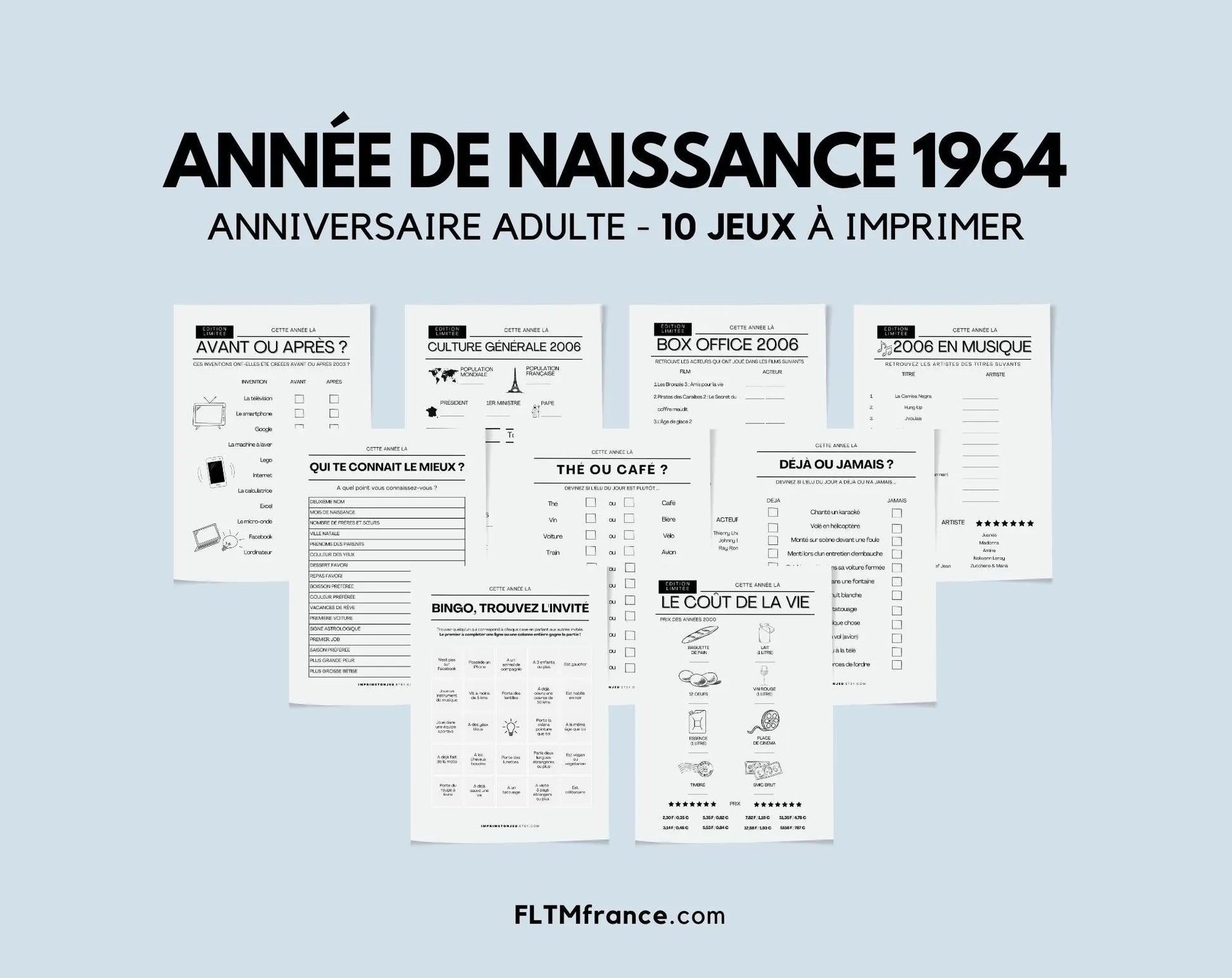 Jeu anniversaire Année 1964 - 10 jeux à imprimer pour fêter les 60 ans FLTMfrance