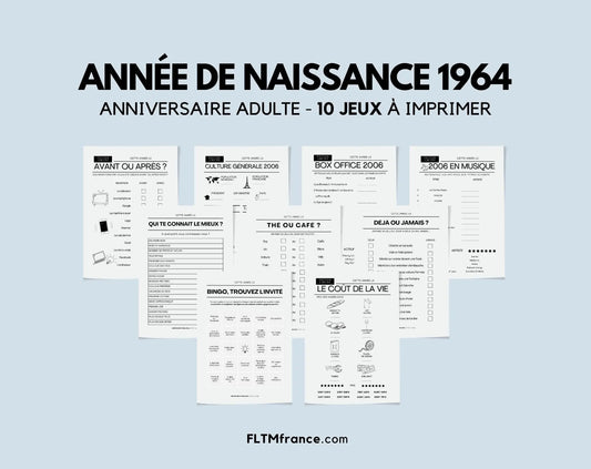 Jeu anniversaire Année 1964 - 10 jeux à imprimer pour fêter les 60 ans FLTMfrance