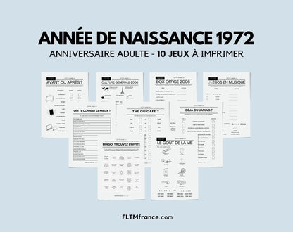 Jeu anniversaire Année 1972 - 10 jeux à imprimer pour fêter les 52 ans FLTMfrance