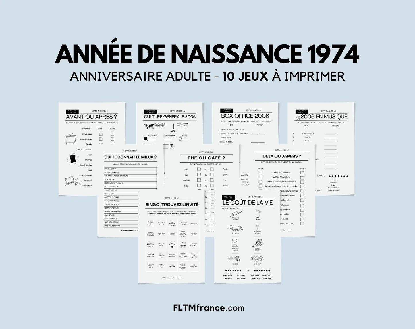 Jeu anniversaire Année 1974 - 10 jeux à imprimer pour fêter les 50 ans FLTMfrance