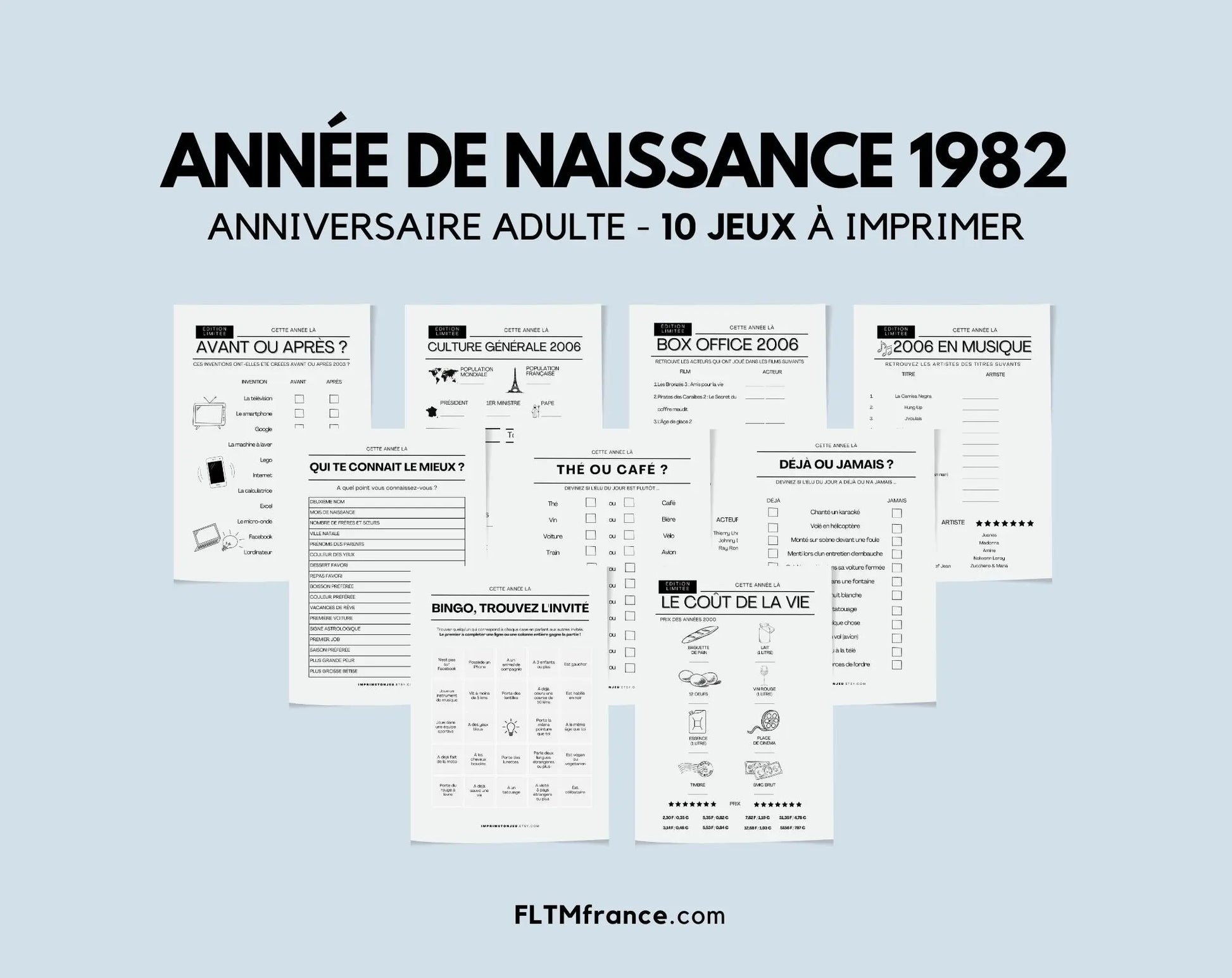 Jeu anniversaire Année 1982 - 10 jeux à imprimer pour fêter les 42 ans FLTMfrance