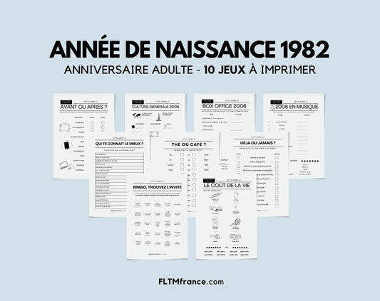 Jeu anniversaire Année 1982 - 10 jeux à imprimer pour fêter les 42 ans FLTMfrance