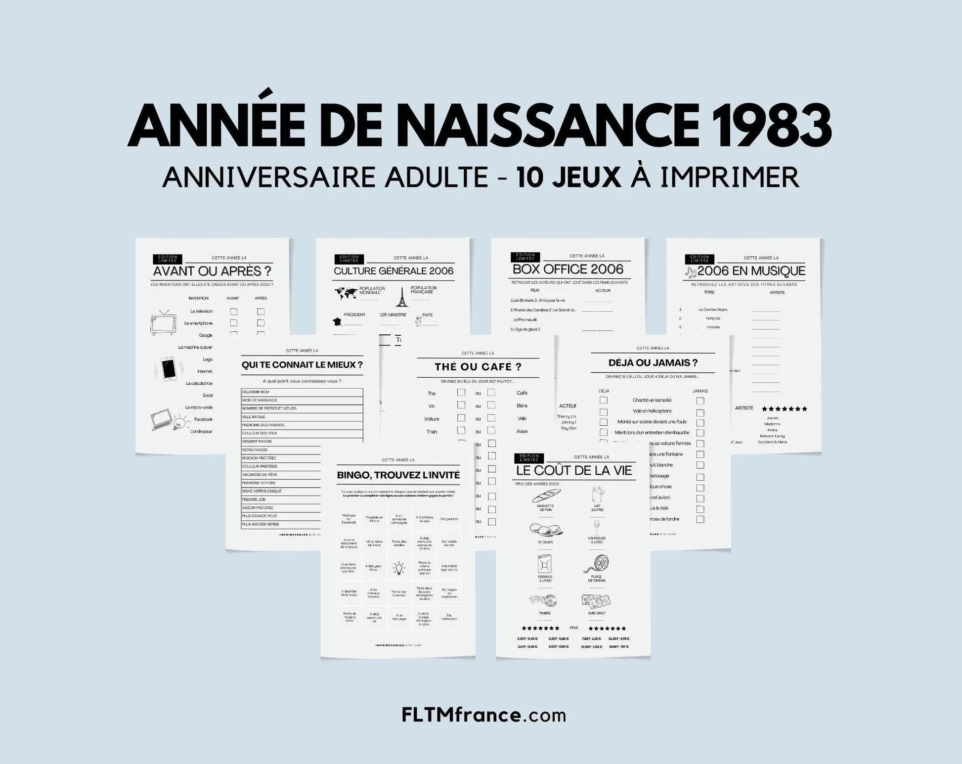 Jeu anniversaire Année 1983 - 10 jeux à imprimer pour fêter les 41 ans FLTMfrance