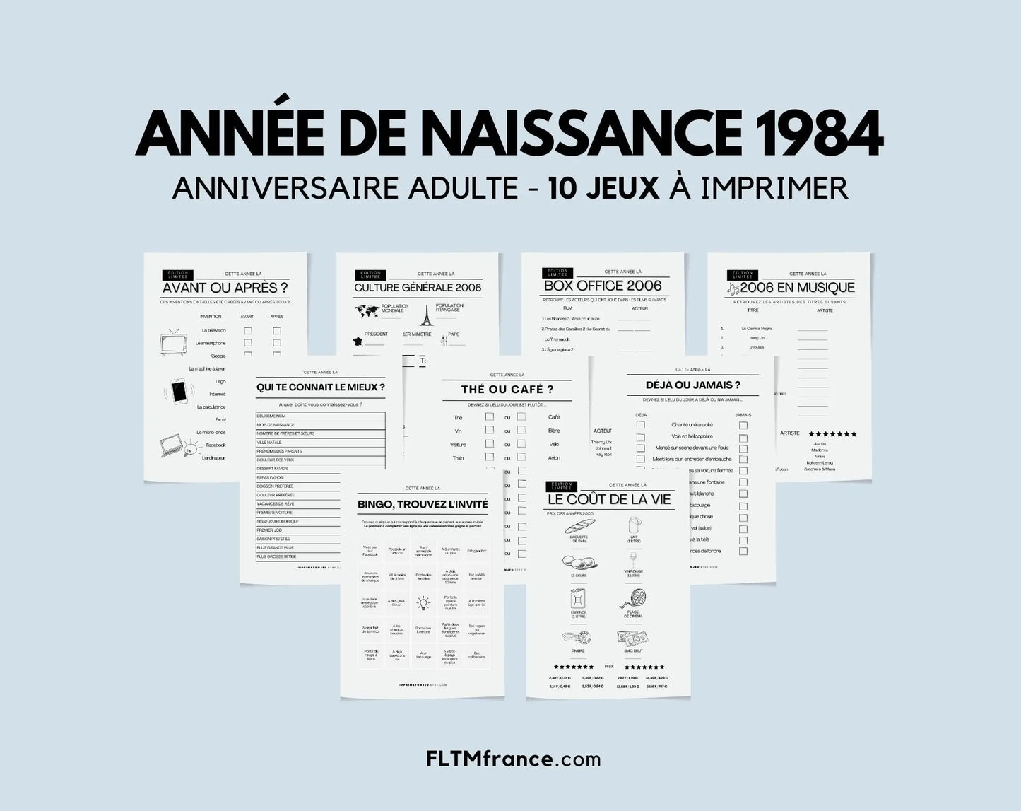 Jeu anniversaire Année 1984 - 10 jeux à imprimer pour fêter les 40 ans FLTMfrance