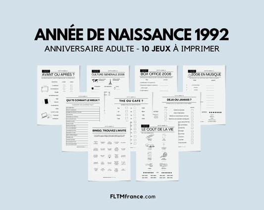 Jeu anniversaire Année 1992 - 10 jeux à imprimer pour fêter les 32 ans FLTMfrance