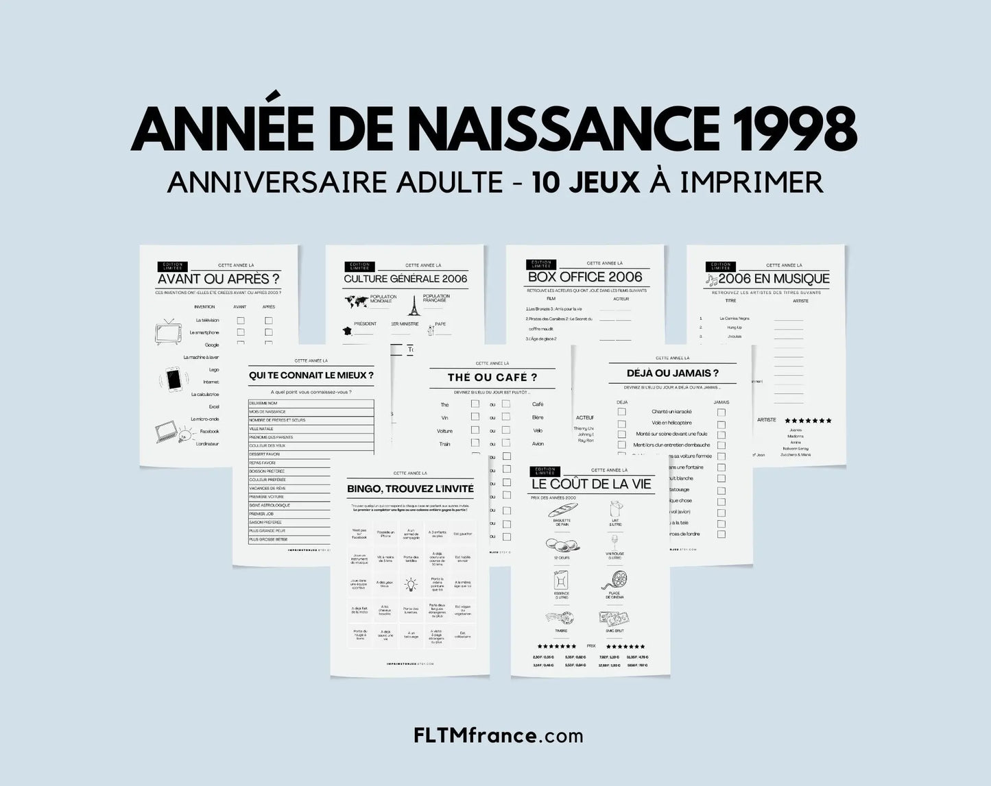 Jeu anniversaire Année 1998 - 10 jeux à imprimer pour fêter les 26 ans FLTMfrance