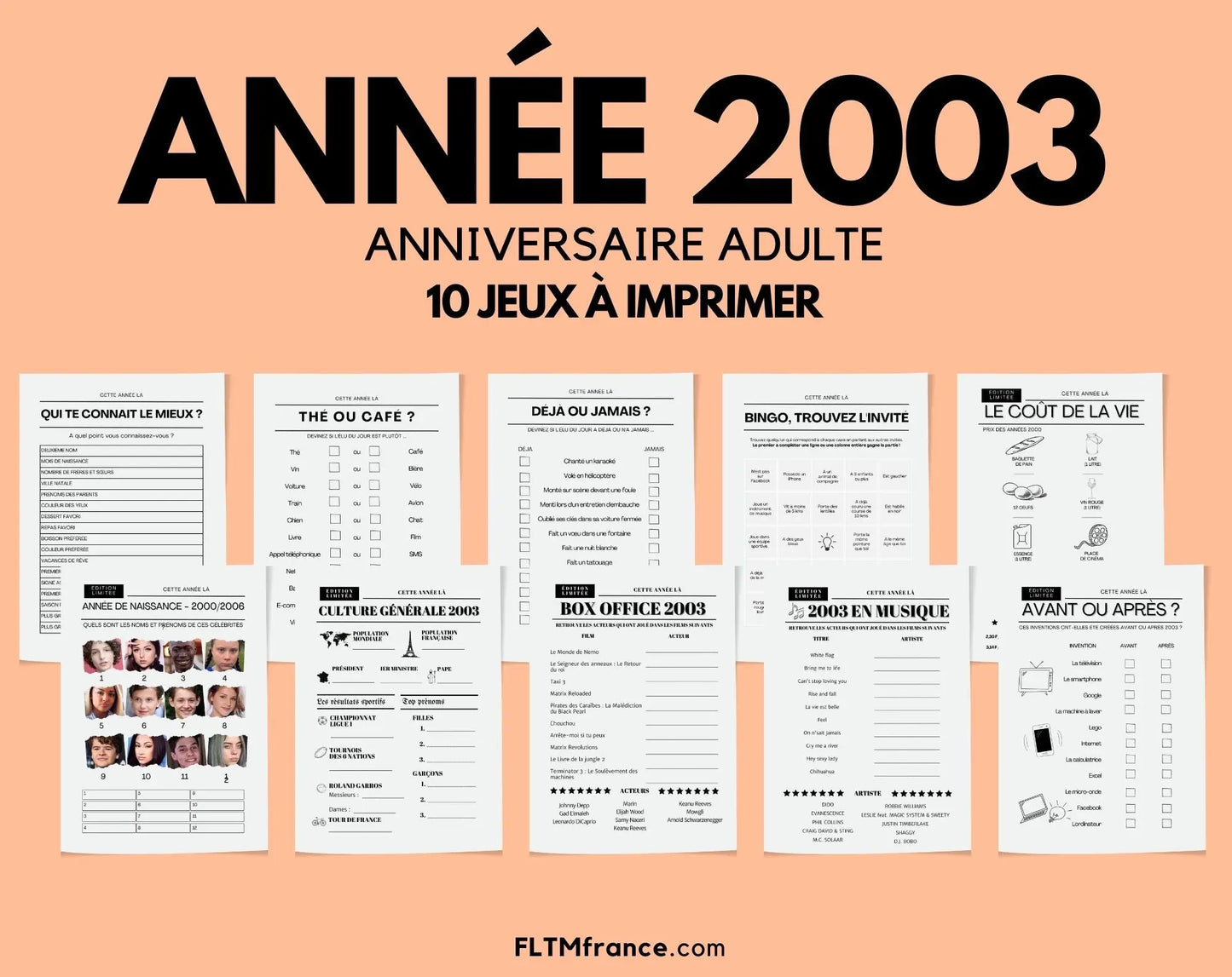 Jeu anniversaire Année 2003 - 10 jeux à imprimer pour fêter les 21 ans FLTMfrance