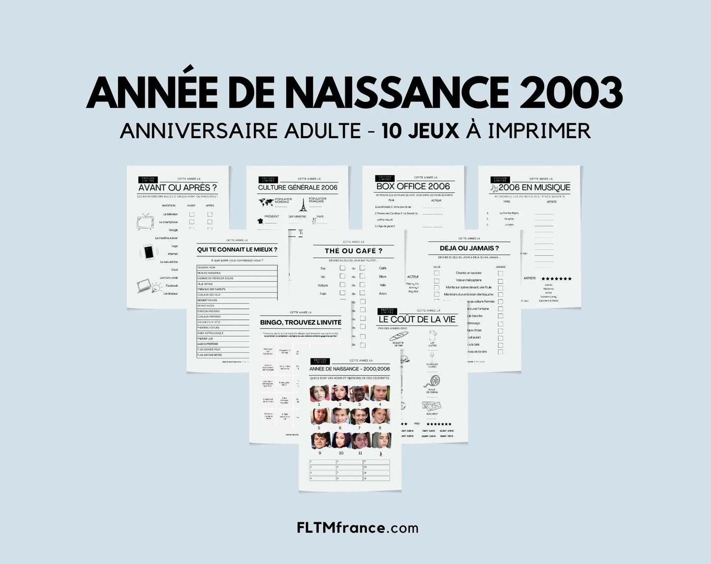 Jeu anniversaire Année 2003 - 10 jeux à imprimer pour fêter les 21 ans FLTMfrance