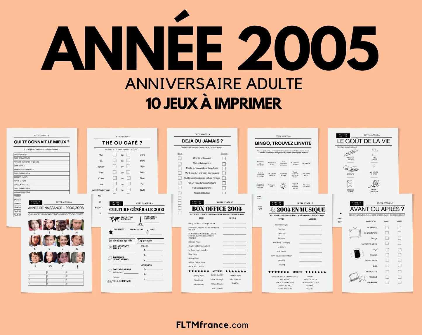 Jeu anniversaire Année 2005 - 10 jeux à imprimer pour fêter les 19 ans FLTMfrance