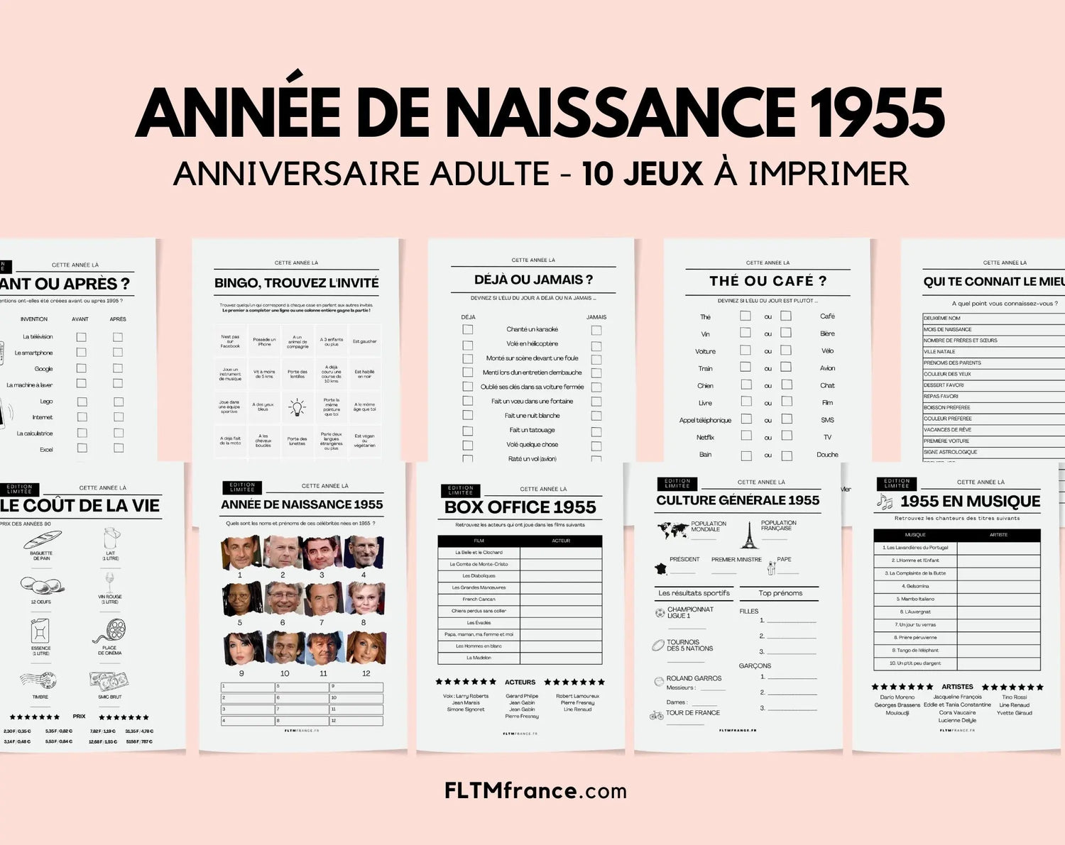 Jeu anniversaire année 1955 - 10 jeux à imprimer pour fêter les 70 ans FLTMfrance