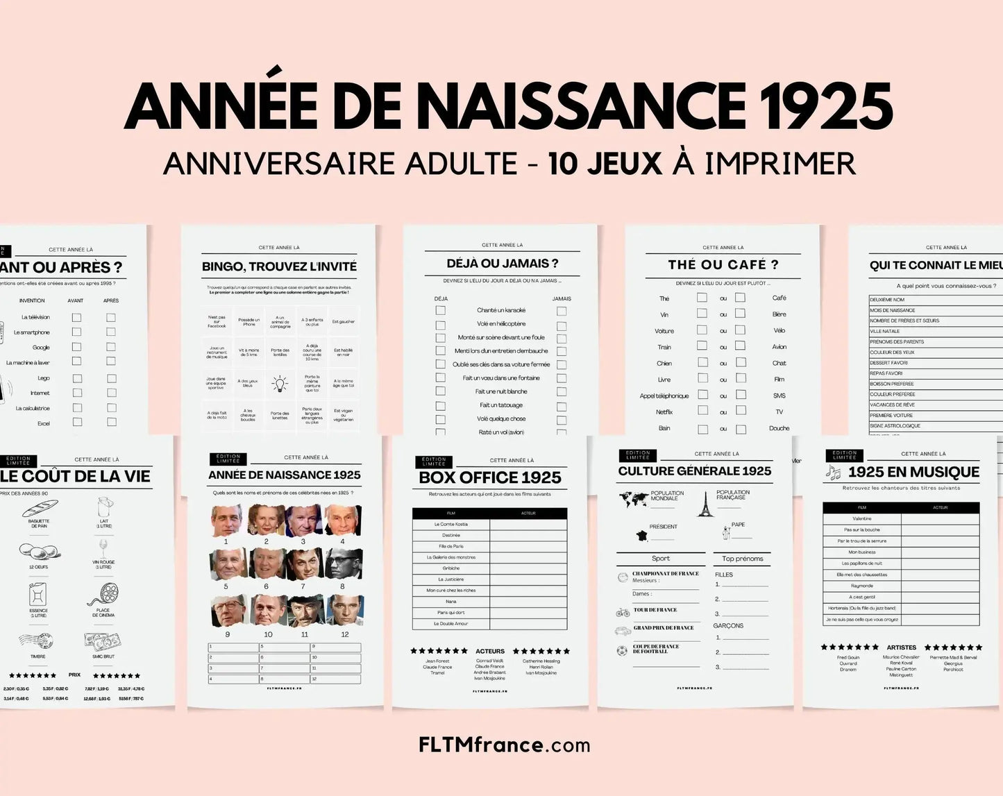 Jeu anniversaire année 1925 - 10 jeux à imprimer pour fêter les 100 ans FLTMfrance