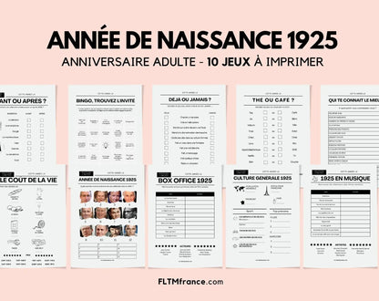 Jeu anniversaire année 1925 - 10 jeux à imprimer pour fêter les 100 ans FLTMfrance