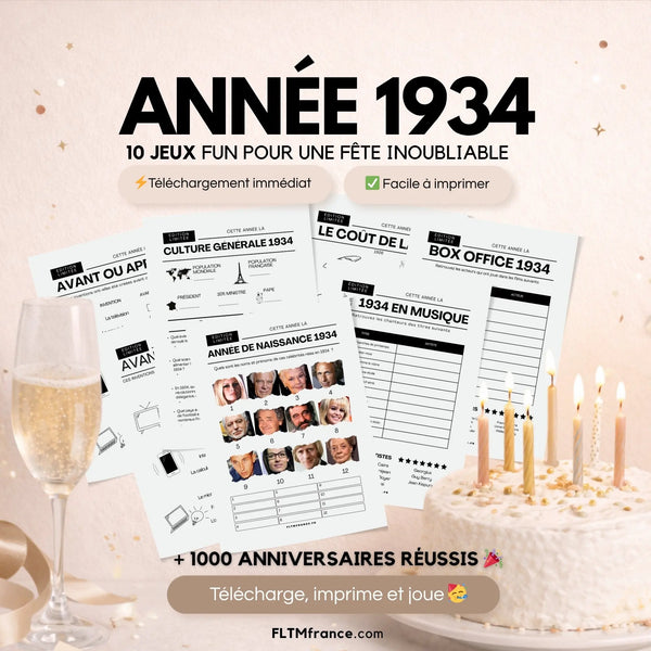 Jeu anniversaire année 1934 - 10 jeux à imprimer pour fêter les 92 ans