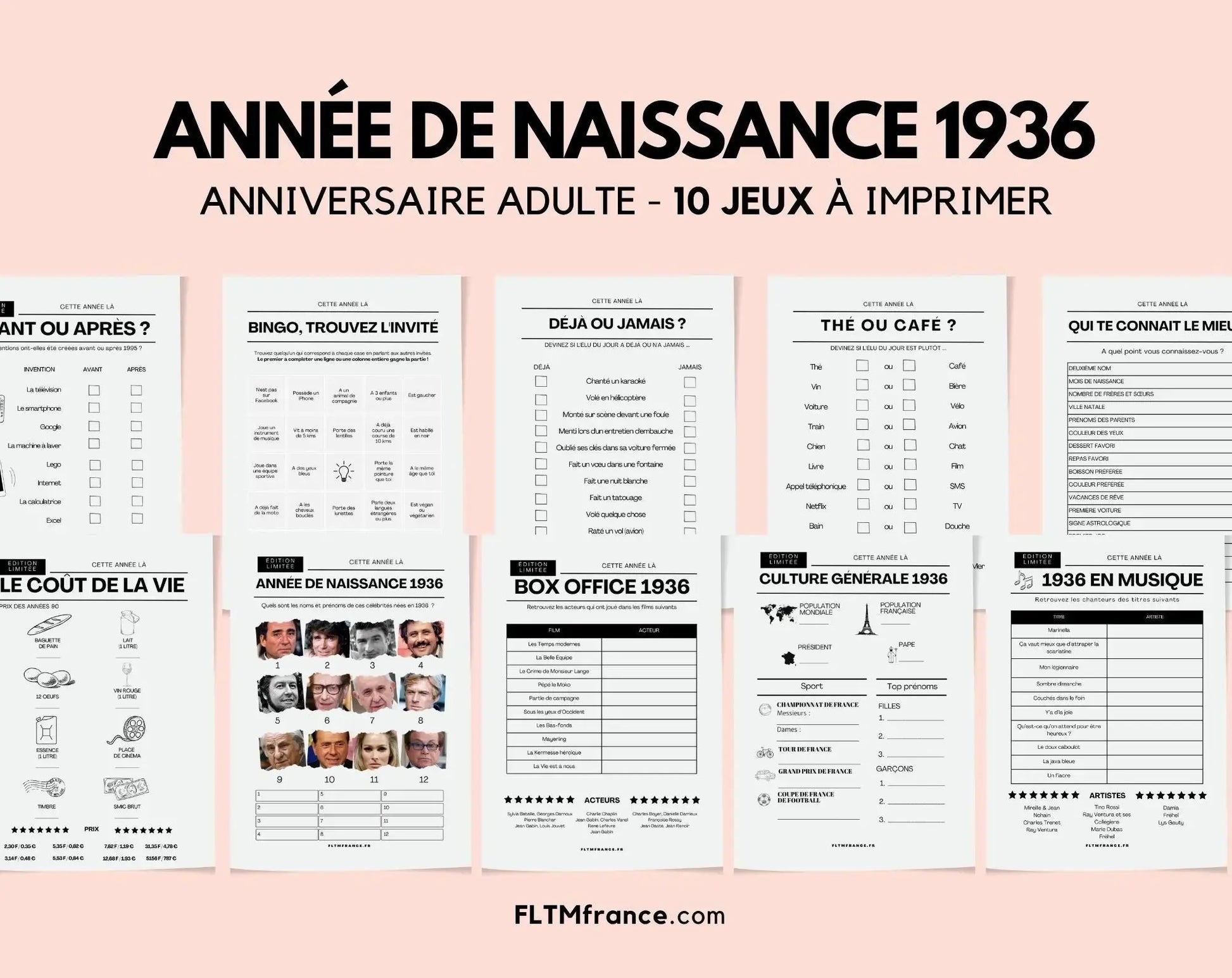 Jeu anniversaire année 1936 - 10 jeux à imprimer pour fêter les 90 ans FLTM