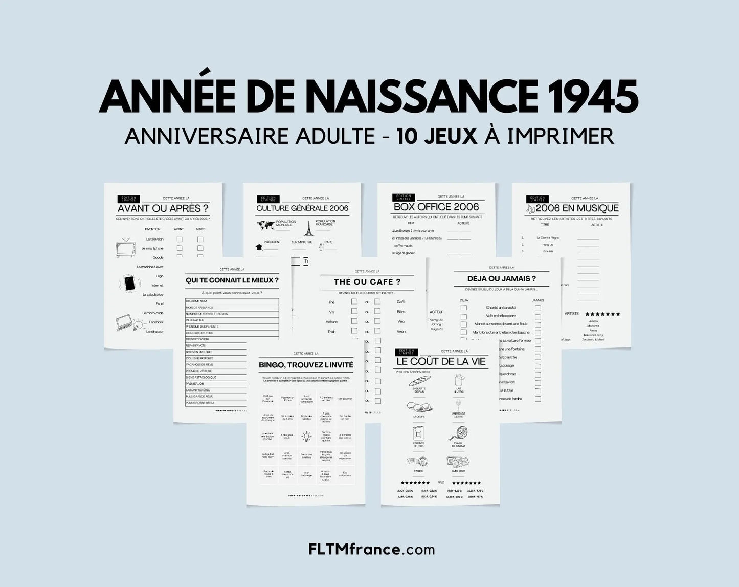 Jeu anniversaire année 1945 - 10 jeux à imprimer pour fêter les 80 ans FLTMfrance