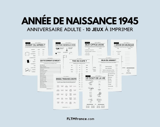 Jeu anniversaire année 1945 - 10 jeux à imprimer pour fêter les 80 ans FLTMfrance