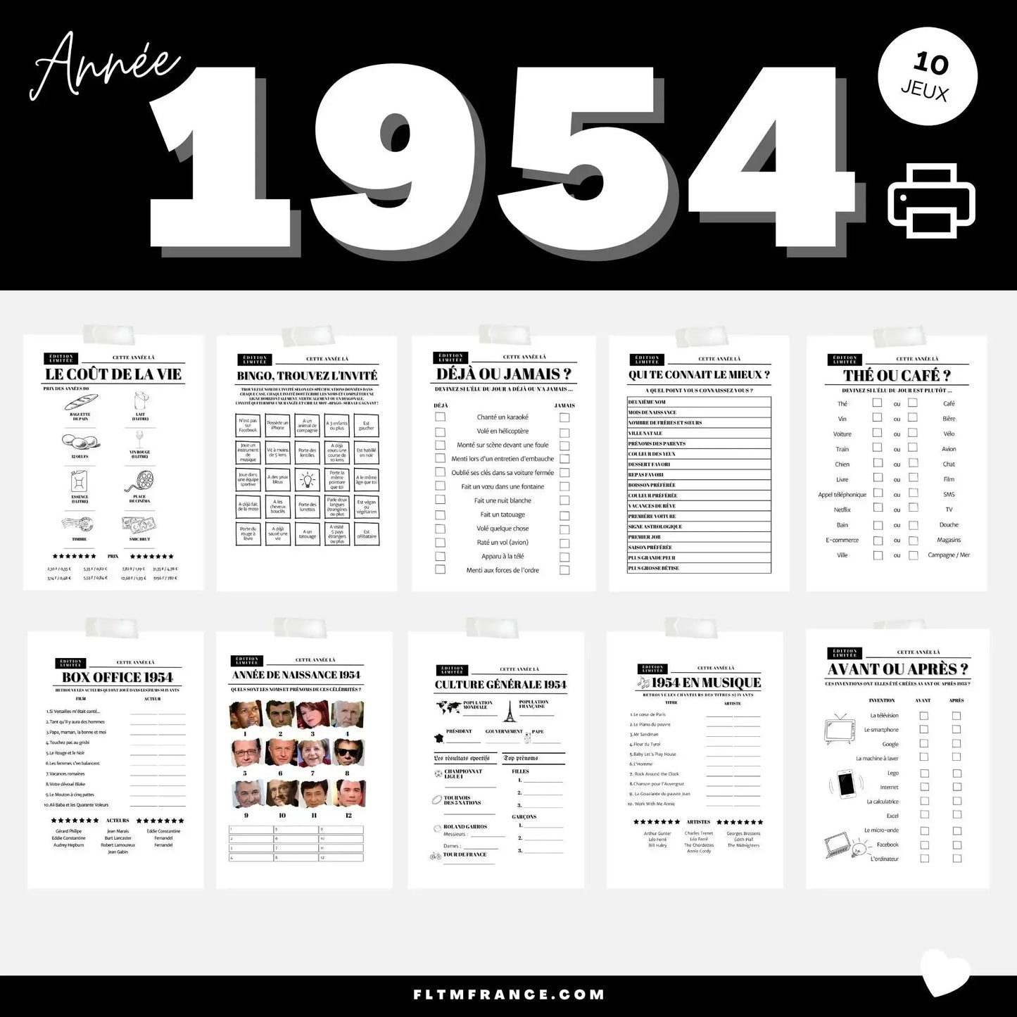 Jeu anniversaire Année 1954 - 10 jeux imprimer pour anniversaire 70 ans FLTMfrance