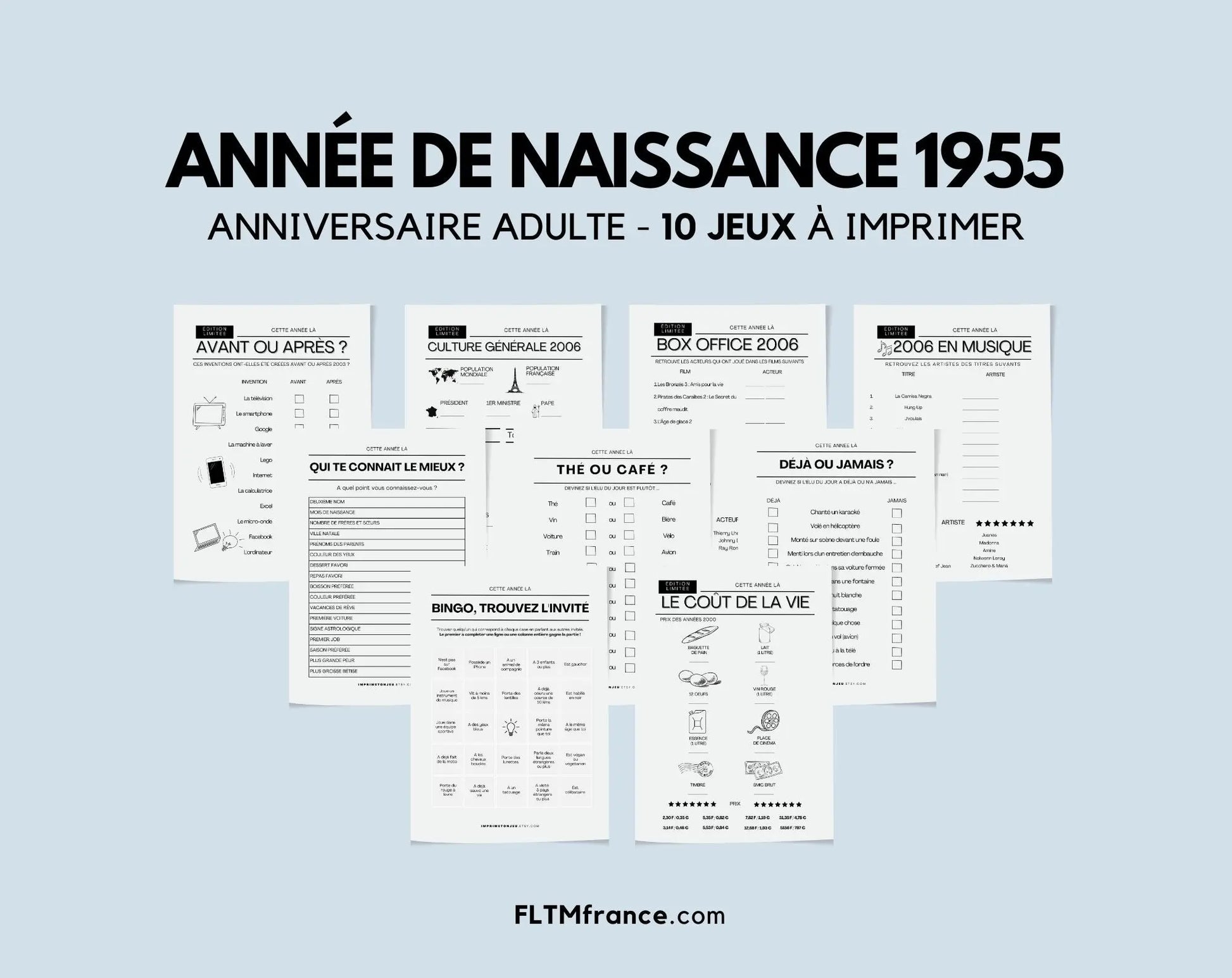 Jeu anniversaire année 1955 - 10 jeux à imprimer pour fêter les 70 ans FLTMfrance