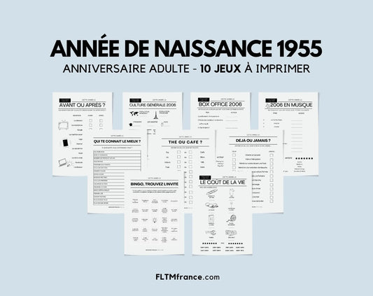 Jeu anniversaire année 1955 - 10 jeux à imprimer pour fêter les 70 ans FLTMfrance