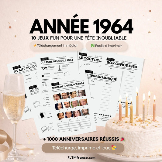 Jeu anniversaire année 1964 - 10 jeux à imprimer pour fêter les 62 ans FLTM