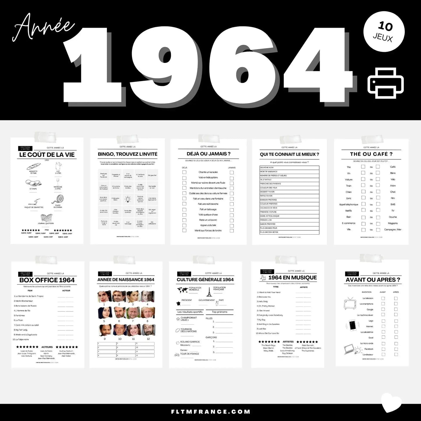 Jeu anniversaire Année 1964 - 10 jeux imprimer pour anniversaire 60 ans FLTMfrance