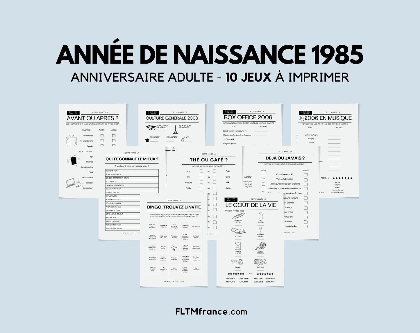 Jeu anniversaire année 1985 - 10 jeux à imprimer pour fêter les 40 ans FLTMfrance