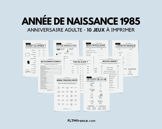 Jeu anniversaire année 1985 - 10 jeux à imprimer pour fêter les 40 ans FLTMfrance