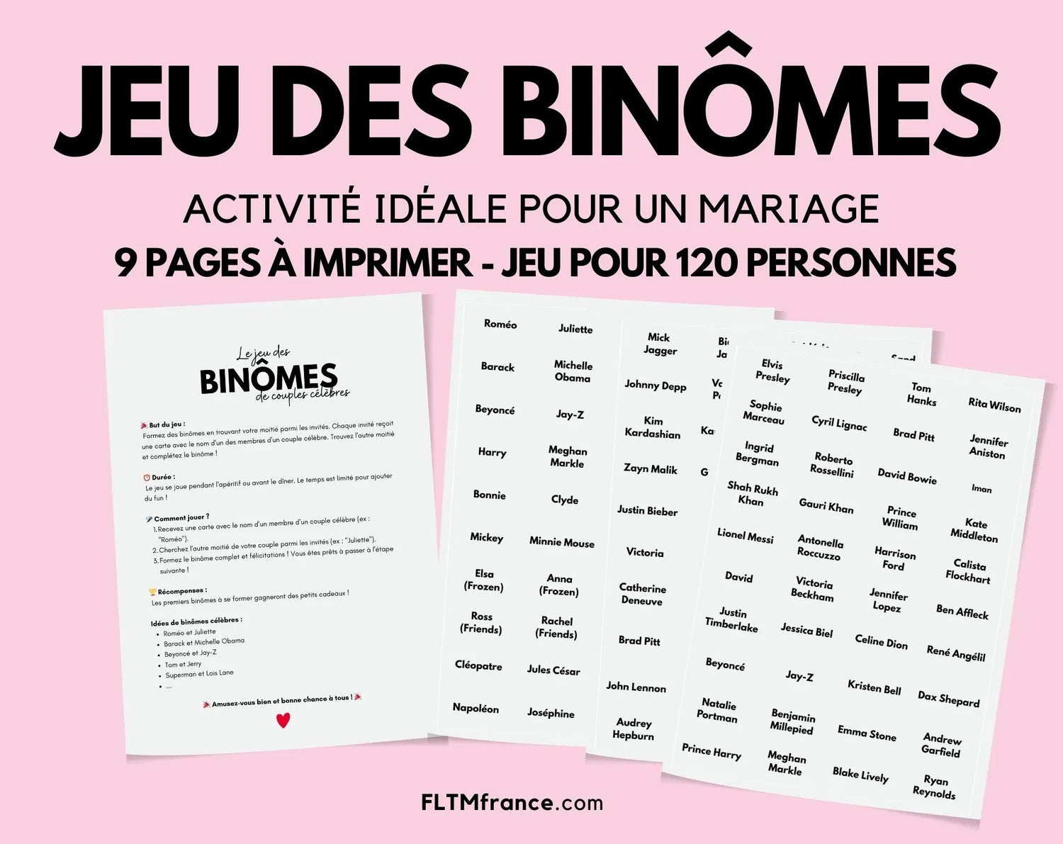 Jeu des binômes de couples célèbres - Jeu de mariage FLTMfrance